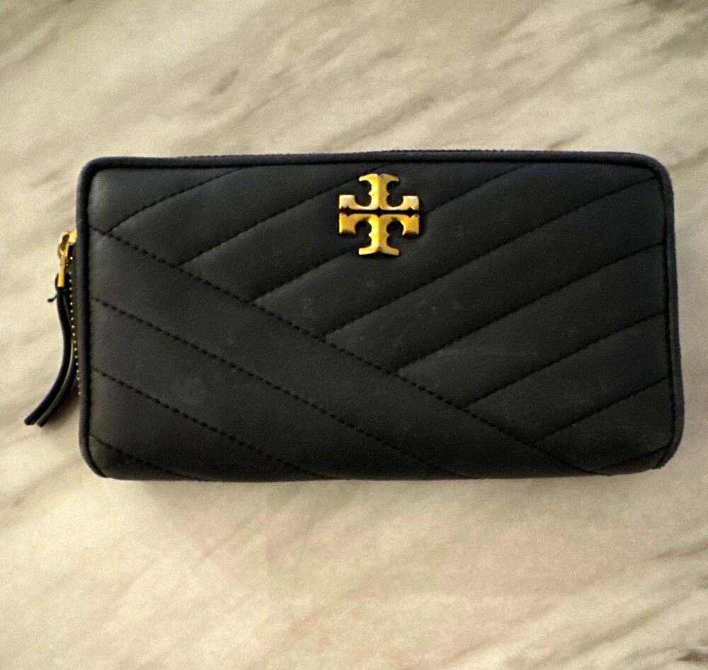 Tory Burch Black Quilted Zip-Around Wallet w/ Logo, Credit Card Slots